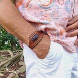 Handcrafted Genuine Brown Vegetal Leather Cuff with Purple Agate Stone Setting-Lifestyle Unique Gift Fashion Jewelry Bracelet-Bangle