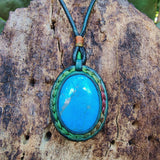 Handcrafted Genuine Brown Vegetal Leather Necklace with Firuze Stone setting-Unique Lifestyle Gift Unisex Fashion Leather Jewelry