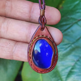 Bohemian Handcrafted Genuine Vegetal Brown Leather Necklace with Blue Cat Eye Stone-Lifestyle Unique Gift Unisex Fashion Leather Jewelry
