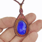 Bohemian Handcrafted Genuine Vegetal Brown Leather Necklace with Blue Cat Eye Stone-Lifestyle Unique Gift Unisex Fashion Leather Jewelry