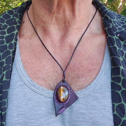 Bohemian Handcrafted Vegetal Leather Necklace with Tiger Eye Stone setting - Quality Unisex Gift Fashion Leather Jewelry