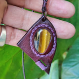 Bohemian Handcrafted Vegetal Leather Necklace with Tiger Eye Stone setting - Quality Unisex Gift Fashion Leather Jewelry