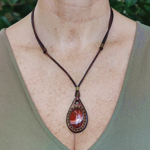 Unique Bohemian Handcrafted Brown Vegetal Leather Necklace with Red Agate Stone-Unique Lifestyle Gift Unisex Fashion Jewelry