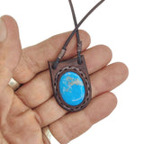 Unique Handcrafted Genuine Brown Vegetal Leather Necklace with Firuze Stone setting-Unique Lifestyle Gift Unisex Fashion Leather Jewelry