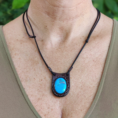 Unique Handcrafted Genuine Brown Vegetal Leather Necklace with Firuze Stone setting-Unique Lifestyle Gift Unisex Fashion Leather Jewelry