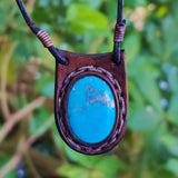 Unique Handcrafted Genuine Brown Vegetal Leather Necklace with Firuze Stone setting-Unique Lifestyle Gift Unisex Fashion Leather Jewelry