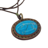 Unique Handcrafted Genuine Brown Vegetal Leather Necklace with Firuze Stone setting-Unique Lifestyle Gift Unisex Fashion Leather Jewelry