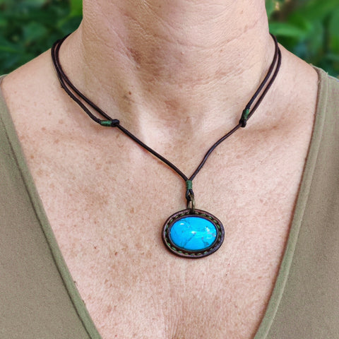 Unique Handcrafted Genuine Brown Vegetal Leather Necklace with Firuze Stone setting-Unique Lifestyle Gift Unisex Fashion Leather Jewelry