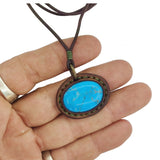 Unique Handcrafted Genuine Brown Vegetal Leather Necklace with Firuze Stone setting-Unique Lifestyle Gift Unisex Fashion Leather Jewelry
