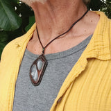 Boho Handcrafted Genuine Vegetal Leather Necklace with Gray Agate Stone-Unique Unisex Gift Fashion Jewelry