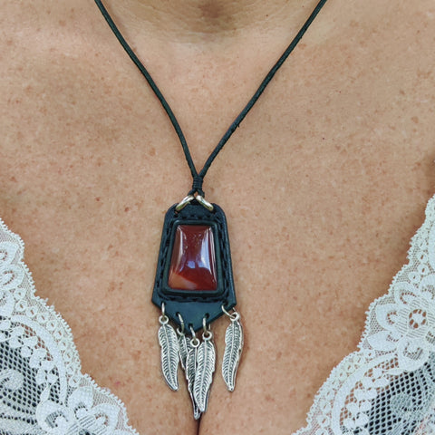 Bohemian Handcrafted Genuine Vegetal Leather Necklace with Red Agate Stone-Unique Lifestyle Gift Unisex Fashion Jewelry