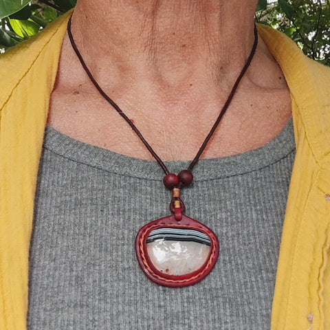 Boho Handcrafted Genuine Vegetal Leather Necklace with White and Black Agate Stone-Unique Unisex Gift Fashion Jewelry