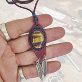 Bohemian Unique Handcrafted Vegetal Leather Necklace with Tiger Eye Stone setting - Cool Unisex Gift Fashion Leather Jewelry