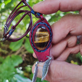 Bohemian Unique Handcrafted Vegetal Leather Necklace with Tiger Eye Stone setting - Cool Unisex Gift Fashion Leather Jewelry
