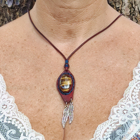 Bohemian Unique Handcrafted Vegetal Leather Necklace with Tiger Eye Stone setting - Cool Unisex Gift Fashion Leather Jewelry