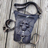 Handcrafted Genuine Vegetal Black Leather Black Drop Leg Bag–Backpack with Embossed Skull Design–Gift Lifestyle Hip Rider Bag