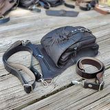 Handcrafted Genuine Vegetal Black Leather Black Drop Leg Bag–Backpack with Embossed Skull Design–Gift Lifestyle Hip Rider Bag