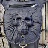 Handcrafted Genuine Vegetal Black Leather Black Drop Leg Bag–Backpack with Embossed Skull Design–Gift Lifestyle Hip Rider Bag