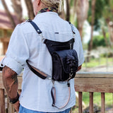 Handcrafted Genuine Vegetal Black Leather Black Drop Leg Bag–Backpack with Embossed Skull Design–Gift Lifestyle Hip Rider Bag