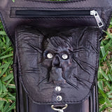 Handcrafted Vegetal Leather Multifunctional Black Color Drop Leg Bag with Embossed Skull Design–Riders Travel Waist Fanny Pack.