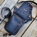 Handcrafted Vegetal Leather Multifunctional Black Color Drop Leg Bag with Embossed Skull Design–Riders Travel Waist Fanny Pack.