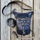 Handcrafted Vegetal Leather Multifunctional Black Color Drop Leg Bag with Embossed Skull Design–Riders Travel Waist Fanny Pack.