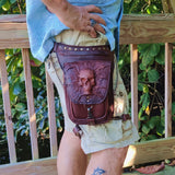 Handcrafted Genuine Vegetal Leather Brown Skull Drop Leg Bag–Skull Design Backpack–Gift Hip Rider-Cross Body Bag with Rivets