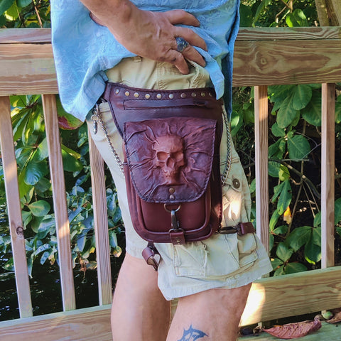 Handcrafted Genuine Vegetal Leather Brown Skull Drop Leg Bag–Skull Design Backpack–Gift Hip Rider-Cross Body Bag with Rivets