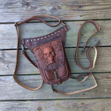 Handcrafted Genuine Vegetal Leather Brown Skull Drop Leg Bag–Skull Design Backpack–Gift Hip Rider-Cross Body Bag with Rivets