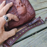 Handcrafted Genuine Vegetal Leather Brown Skull Drop Leg Bag–Skull Design Backpack–Gift Hip Rider-Cross Body Bag with Rivets