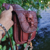 Handcrafted Genuine Vegetal Leather Brown Skull Drop Leg Bag–Skull Design Backpack–Gift Hip Rider-Cross Body Bag with Rivets