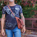 Handcrafted Genuine Vegetal Leather Multifunctional Tan Color Drop Leg Bag–Embossed Skull Design Leather Fanny Pack – Leather Hip Rider Bag