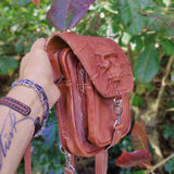 Handcrafted Genuine Vegetal Leather Multifunctional Tan Color Drop Leg Bag–Embossed Skull Design Leather Fanny Pack – Leather Hip Rider Bag