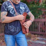 Handcrafted Genuine Vegetal Leather Multifunctional Tan Color Drop Leg Bag–Embossed Skull Design Leather Fanny Pack – Leather Hip Rider Bag