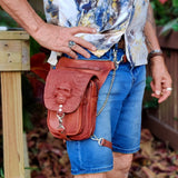 Handcrafted Genuine Vegetal Leather Multifunctional Tan Color Drop Leg Bag–Embossed Skull Design Leather Fanny Pack – Leather Hip Rider Bag