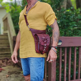 Handcrafted Genuine Maroon Vegetal Leather Multifunctional Embossed Skull Drop Leg Bag–Backpack–Gift Hip Rider-Cross Body Bag