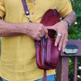 Handcrafted Genuine Maroon Vegetal Leather Multifunctional Embossed Skull Drop Leg Bag–Backpack–Gift Hip Rider-Cross Body Bag