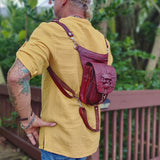 Handcrafted Genuine Maroon Vegetal Leather Multifunctional Embossed Skull Drop Leg Bag–Backpack–Gift Hip Rider-Cross Body Bag