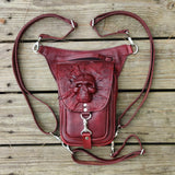 Handcrafted Genuine Maroon Vegetal Leather Multifunctional Embossed Skull Drop Leg Bag–Backpack–Gift Hip Rider-Cross Body Bag