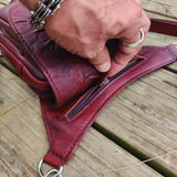 Handcrafted Genuine Maroon Vegetal Leather Multifunctional Embossed Skull Drop Leg Bag–Backpack–Gift Hip Rider-Cross Body Bag