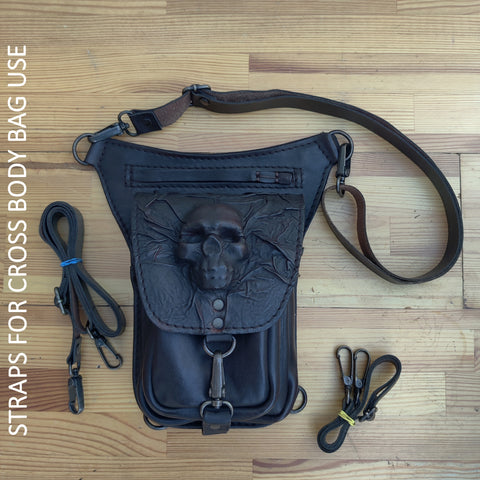 MADE TO ORDER-Handcrafted Vegetal Leather Multifunctional Black Color Drop Leg Bag with Embossed Skull Design–Gift Riders Cool Backpack