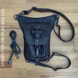 MADE TO ORDER-Handcrafted Vegetal Leather Multifunctional Black Color Drop Leg Bag with Embossed Skull Design–Gift Riders Cool Backpack