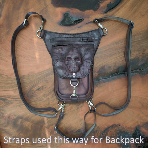 Handcrafted Vegetal Leather Multifunctional Rustic Brown Color Embossed Skull Drop Leg Bag–Riders Travel Waist Fanny Pack-Gift Cross Bag
