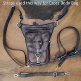 Handcrafted Vegetal Leather Multifunctional Rustic Brown Color Embossed Skull Drop Leg Bag–Riders Travel Waist Fanny Pack-Gift Cross Bag
