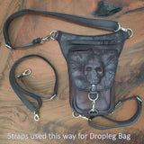 Handcrafted Vegetal Leather Multifunctional Rustic Brown Color Embossed Skull Drop Leg Bag–Riders Travel Waist Fanny Pack-Gift Cross Bag