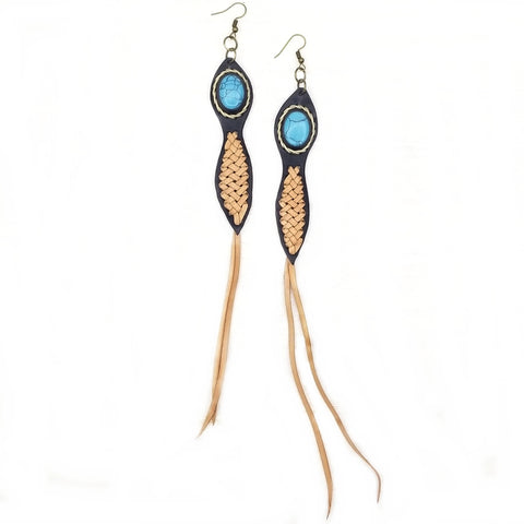 Boho Leather Earring with Turquoise Stone Setting (4431511158838)