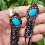 Boho Leather Earring with Turquoise Stone Setting (4431554347062)
