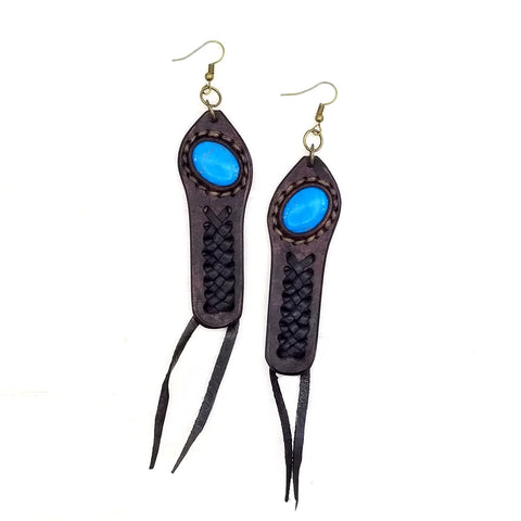 Boho Leather Earring with Turquoise Stone Setting (4431554347062)