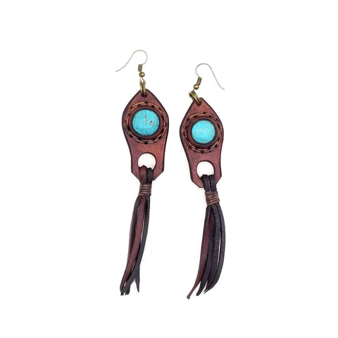 Boho Leather Earring with Turquoise Stone Setting (4431578955830)