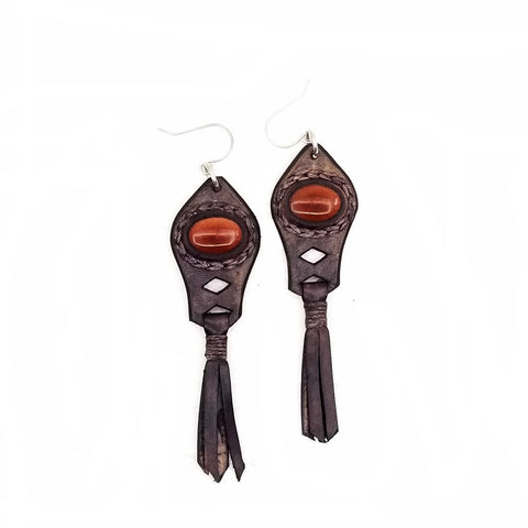 Boho Leather Earring with Brown Agate Stone Setting (4431599534134)